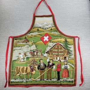 Vintage Swiss Fisba Apron Folk Art Switzerland Novelty Cultural Print Souvenir